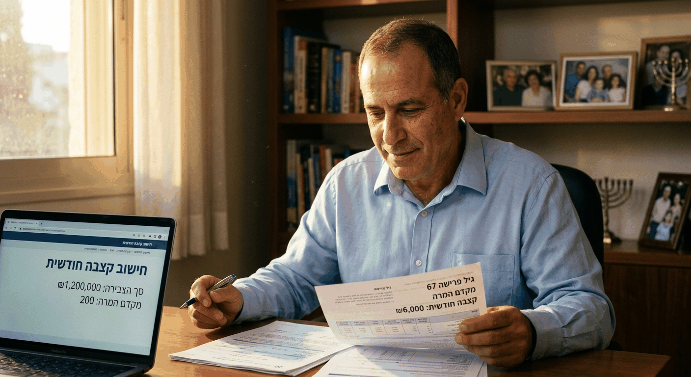 גבר ישראלי בוגר בן 67 משקקל את חישוב קצבת הפנסיה שלו בעזרת מסמכים רשמיים וחישובים במהלך כמה פנסיה אקבל מחודש