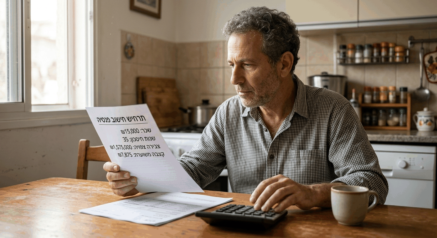 גבר ישראלי בגיל אמצע ממחשב כמה פנסיה אקבל באמצעות מסמך הערכה ממוסד קרן פנסיה בשולחן המטבח