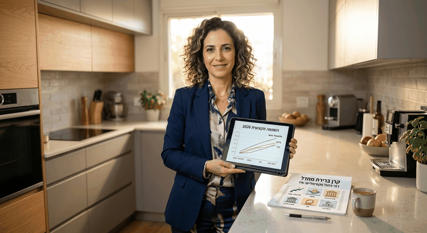 אישה ישראלית בוגרת בודקת טבלת השוואת קרנות פנסיה משתלמות בטביעט עם מסמכים בטלפון חכם.