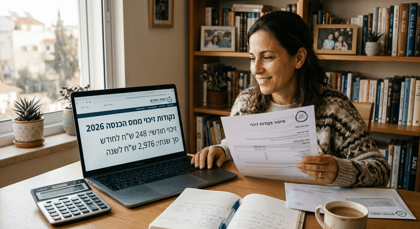 אישה ישראלית בוגרת משפחתית יושבת בשולחן הבית מול מחשב נייד, מחזיקה מסמך מס רשמי, מגלה את נקודות הזיכוי שלה בשנת 2026 בביטוי שמחה עדינה תחת אור חלון טבעי חם.