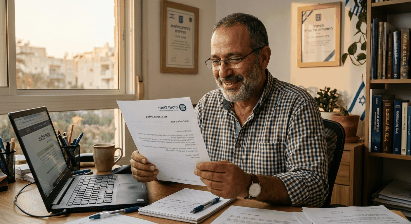 גמלאי ישראלי בוגר יושב בבית וקורא מכתב ייצוג מול ביטוח לאומי עם פרטי תגמולי המילואים שלו