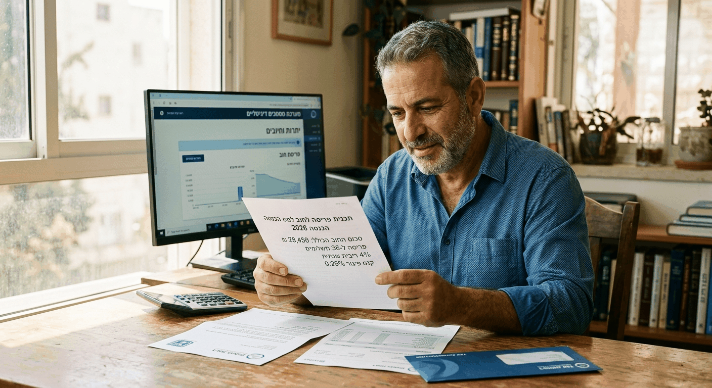 גבר ישראלי בוגר בחדר עבודה ביתי בוחן בהקלה מסמכי חוב למס הכנסה ותכנית פריסה מקוונת עם מסך מחשב