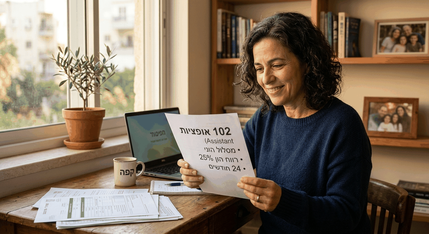אישה ישראלית בוגרת חוקרת מסמכי פרישה מהיי-טק בשולחן הבית, מחזיקה בדף אופציות 102 תחת אור טבעי חם