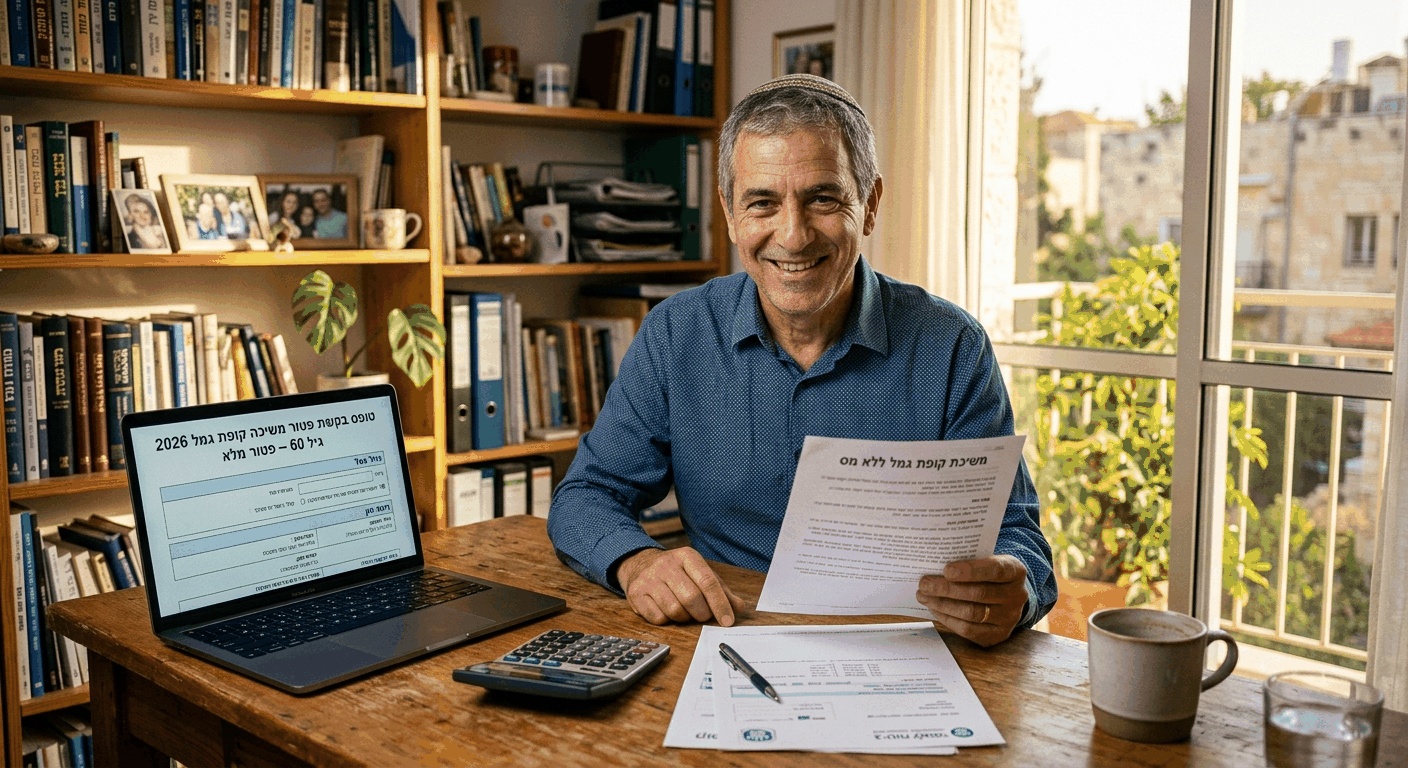 גבר ישראלי בוגר בחליפה יושב בשולחן עם מסמכי משיכת קופת גמל ללא מס, מחזיק בטופס פטור מרוצה מהחיסכון הפנסיוני שלו.