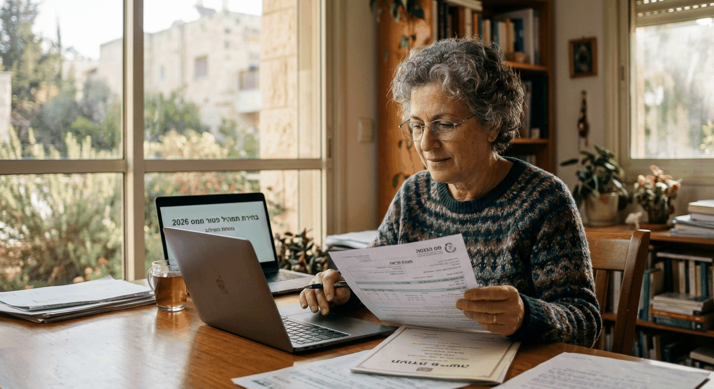 ישראלית בוגרת בגיל פרישה בוחנת בעיון מסמכי פטור ממס על שולחן העבודה שלה כולל טופס רשמי ממס הכנסה