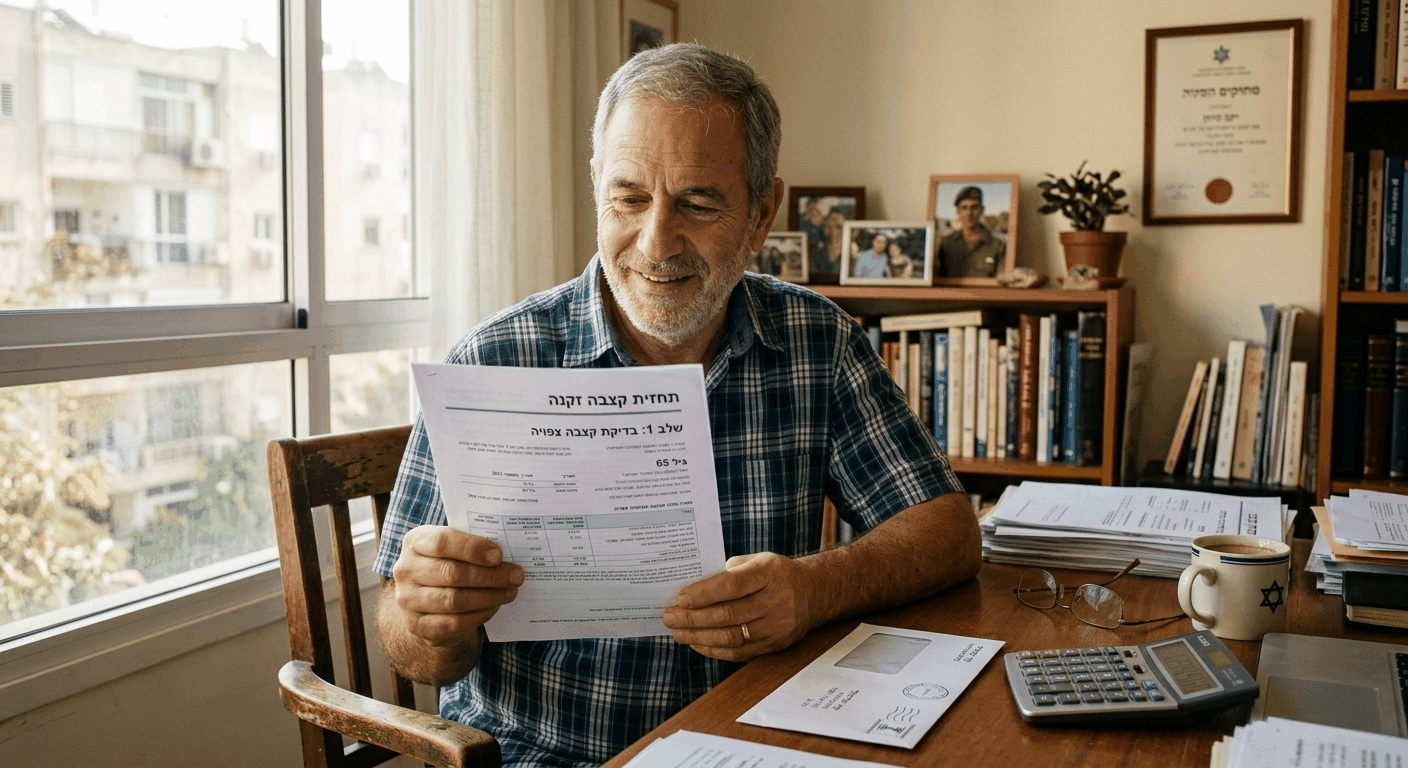 גבר בוגר ישראלי יוצא לפנסיה בוחן תחזית קצבה בשולחן עבודה ביתי עם אור טבעי