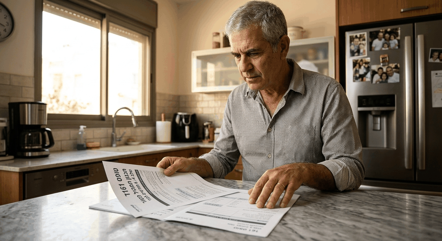 גבר ישראלי בוגר מתכנן את התמהיל האופטימלי של פטור במטבח הביתי עם מסמכי קיבוע