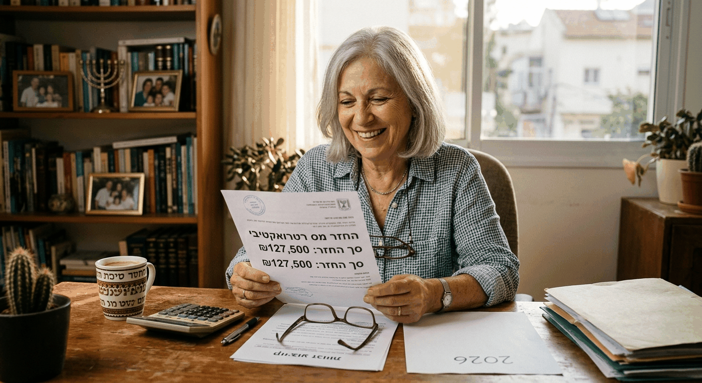 פנסיונרית ישראלית בוגרת שמחה מחזיקה מכתב החזר מס רטרואקטיבי בביתה, עם סכום החזר של מאות אלפי שקלים מקיבוע זכויות.