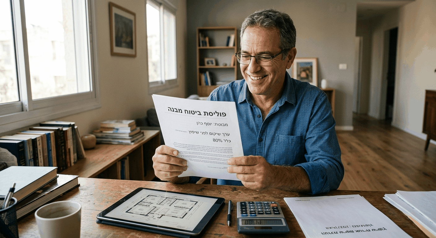 גיבור המאמר, גבר ישראלי בוגר, מעדכן את פוליסת ביטוח המבנה שלו לאחר שיפוץ דירה לפי כלל 80% כדי למנוע תת-ביטוח