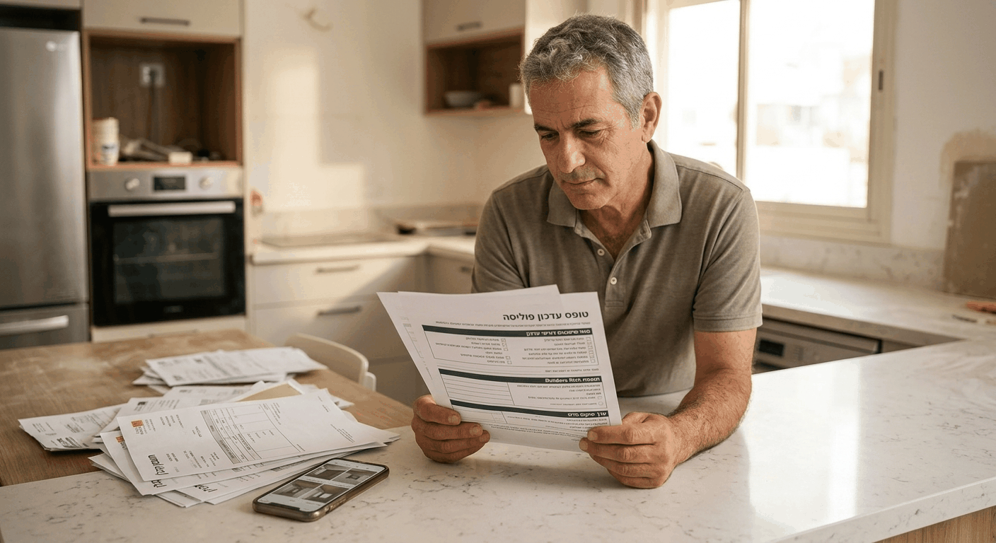 גבר ישראלי מבוגר בוחן טופס עדכון ביטוח מבנה אחרי שיפוץ במטבח מחודש, עם חשבוניות קבלן להגנה מפני תת-ביטוח