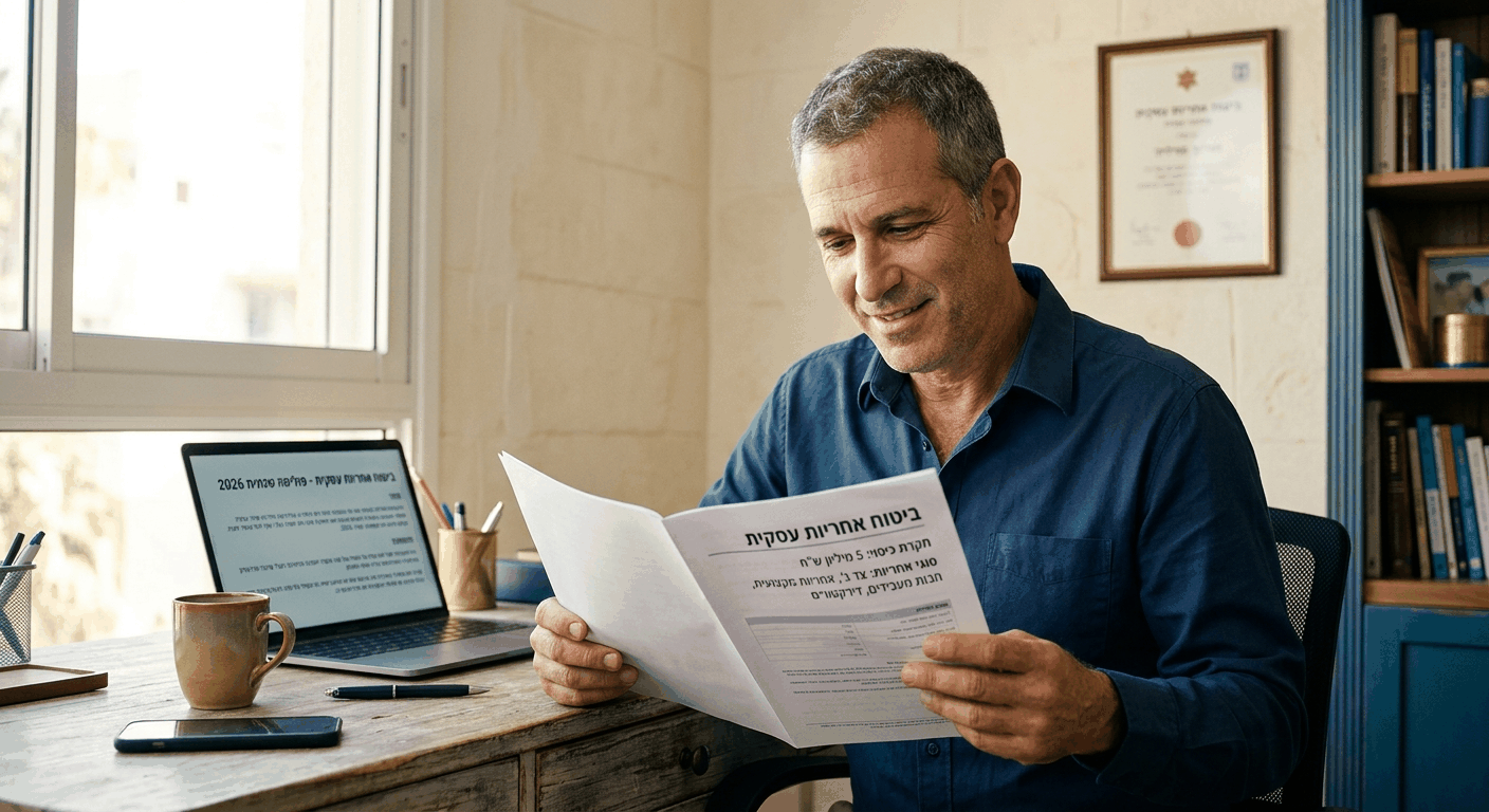 גבר ישראלי בוגר יושב בחדר עבודה ומחזיק בידו פוליסת ביטוח אחריות עסקית, מביט בו בריכוז ושקט, סביבו מסמכים וציוד משרדי