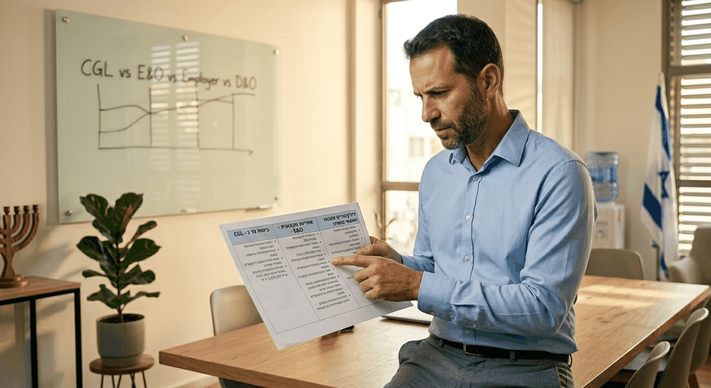 גבר ישראלי צעיר עומד בחדר ישיבות ובוחן תרשים השוואה בין 4 סוגי ביטוחי אחריות עסקית, בעומק עמוק של שדה
