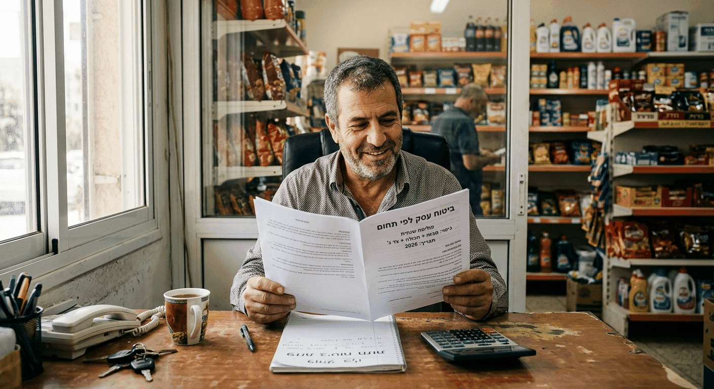 גבר ישראלי בוגר, בעל חנות, בוחן מסמך ביטוח עסק לפי תחום מאחורי דלפק החנות שלו