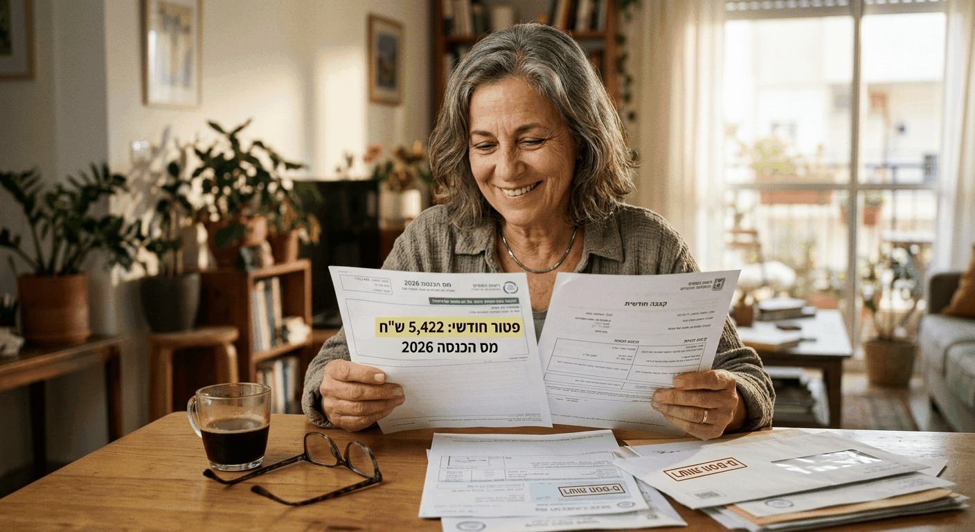אישה ישראלית בוגרת צוחקת בעת בדיקת תעודת פנסיה חייבת במס עם פטור חודשי משמעותי בביתה