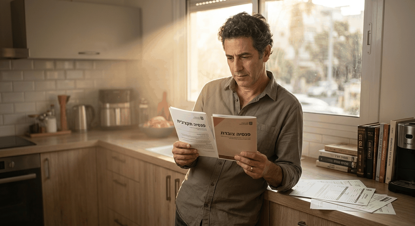 גבר ישראלי בוגר בגיל 40+ במטבח ביתו משווה בין שני מסלולי פנסיה - התקציבית והצוברת - תוך בחינת המסמכים הרשמיים.