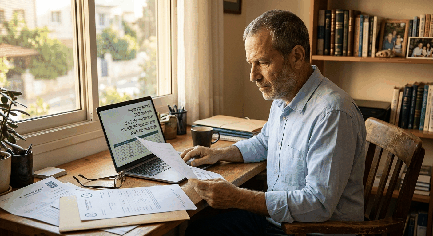 גבר ישראלי בוגר בחקירת קרן פנסיה, בודק היוון קצבה 2026 בעזרת דוקומנטים ומחשב נייד בחדר העבודה הביתי שלו