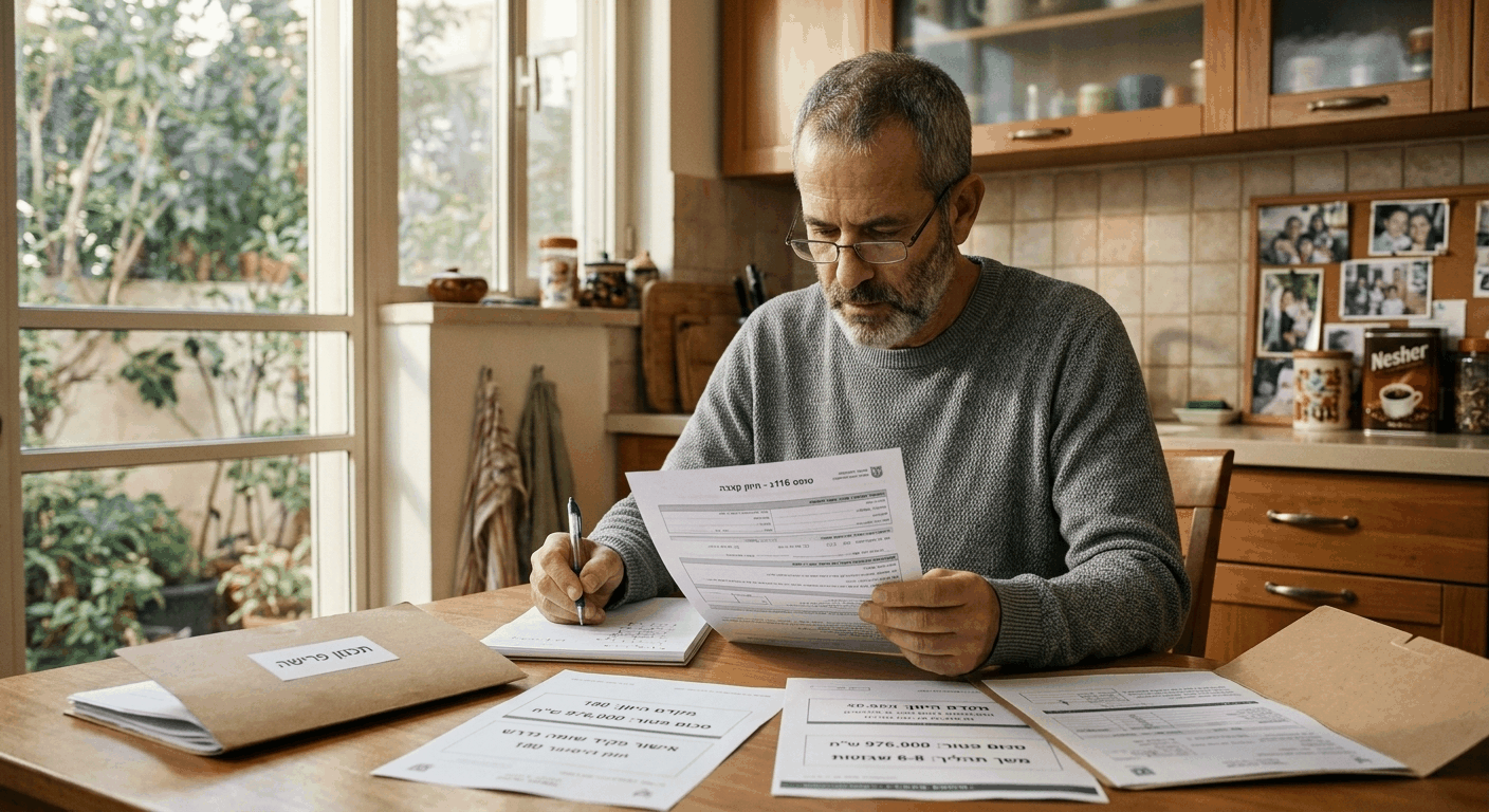 גבר ישראלי בוגר מבצע בדיקת קרן פנסיה בחדר המטבח, בוחן טפסי היוון קצבה וחישובים פיננסיים לשנת 2026
