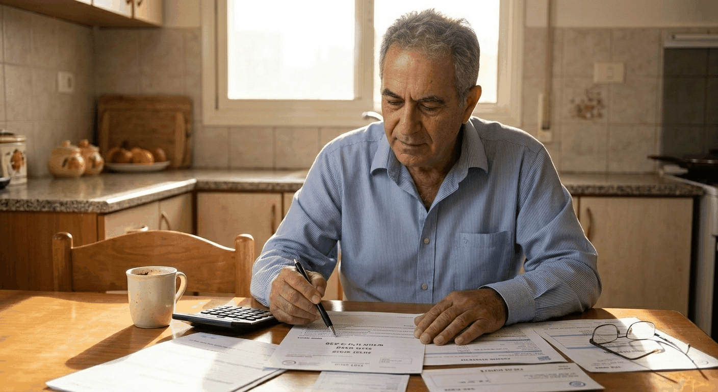 גמלאי ישראלי בוחן מסמכי קצבה מזכה וטפסי קיבוע זכויות בטבלת המטבח בדיקת קרן פנסיה