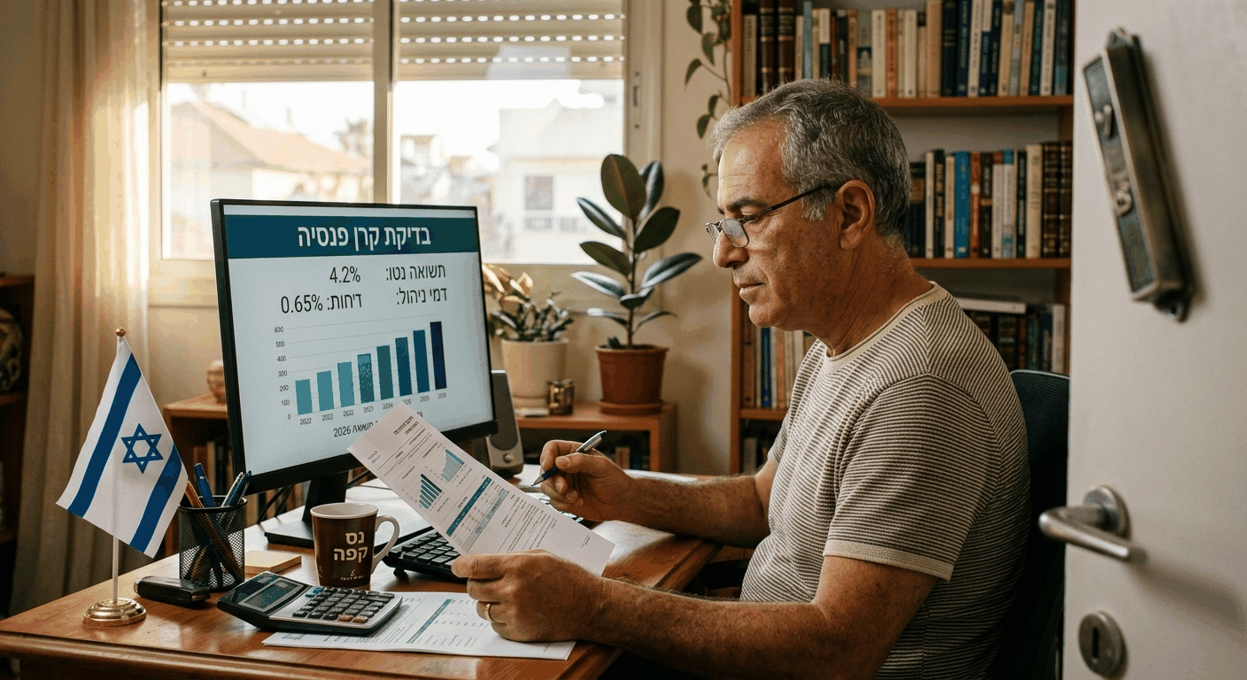 גבר ישראלי בוגר בודק בדיקת קרן פנסיה על מסך המחשב בעיר, עם מסמכים פיננסיים בידו