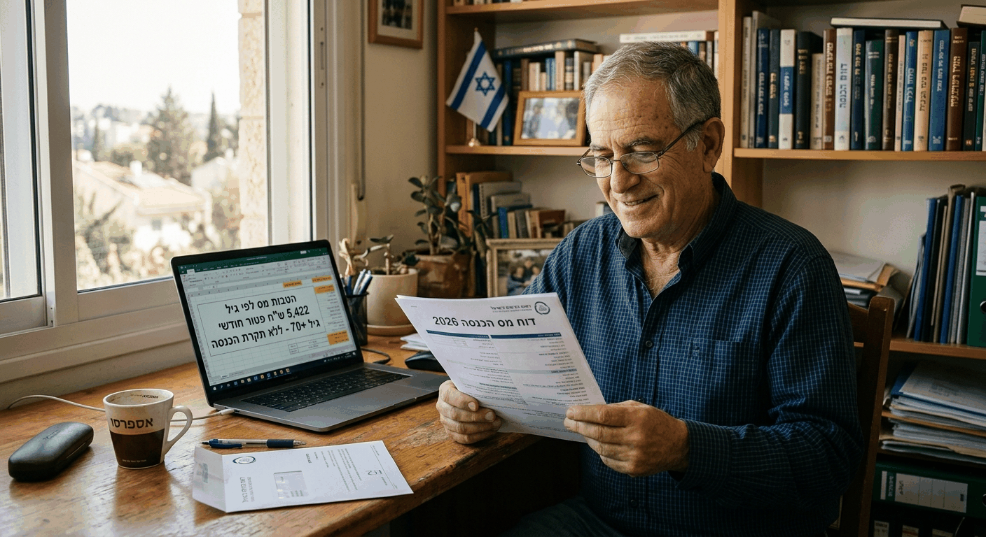 גבר ישראלי בוגר בגיל 60+ עם דוח מס הכנסה, חוקר הטבות מס לפי גיל בשולחן בדירה מוארת