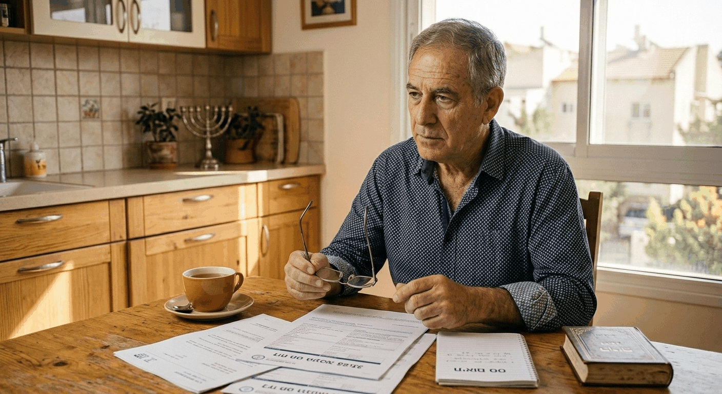 גבר ישראלי בגיל 65+ בוחן מסמכי פנסיה וטבות מס לפי גיל בשולחן המטבח, בעיתונות טבעית