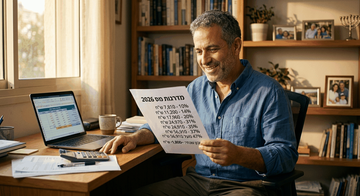 גבר ישראלי בוגר בעידן הריווח של מדרגות מס 2026, מחזיק מסמך מס עם טבלת מדרגות משודכנות ותיווית בעברית, יושב בביתו עם חשבונייה ממוחשבת, אור טבעי חם