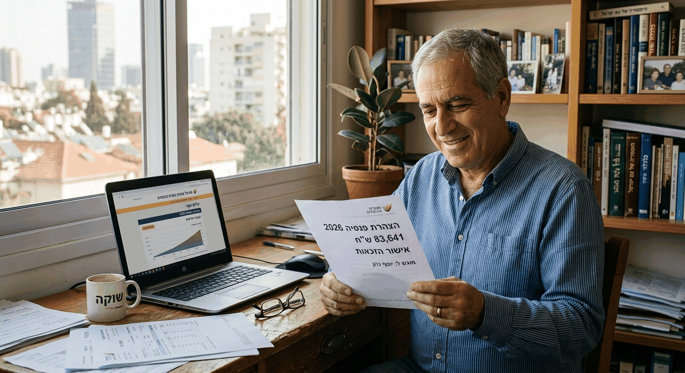 פנסיונר גברי בן 60+ בישראל מחזיק בתעודת פנסיה חודשית של 83,641 שח ליחיד, יושב בחדר עבודה עם אור טבעי חם