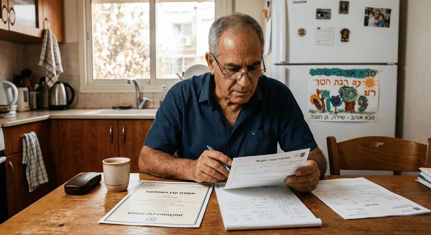 פנסיונר ישראלי בגיל הפרישה בודק את יתרת קרן ההשתלמות שלו במחשב הביתי, עם תוכנית משיכה מסודרת ומסמכי מס
