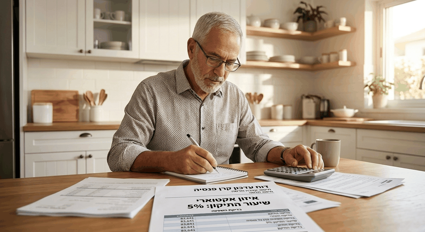 פנסיונר ישראלי בודק את דוח האיזון האקטוארי של קרן הפנסיה במחשב, עם גרפים של תשואות, תוחלת חיים, ומספר עמיתים