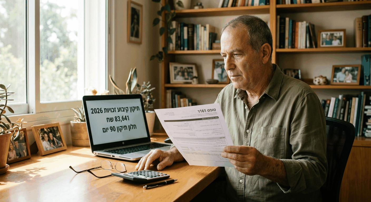 גמלאי ישראלי בודק טופס תיקון קיבוע זכויות 2026 בעד חלון ביתי, מחזיק מסמך מס עם סכום 83,641 שח.