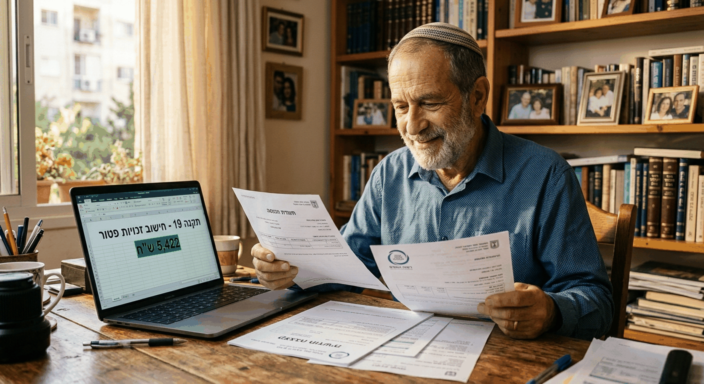 גבר בוגר ישראלי בן 60+ מחזיק במסמכי מס ותעודת קצבה בעיר, מול מסך מחשב המציג חישוב תקנה 19 וזכויות פטור.