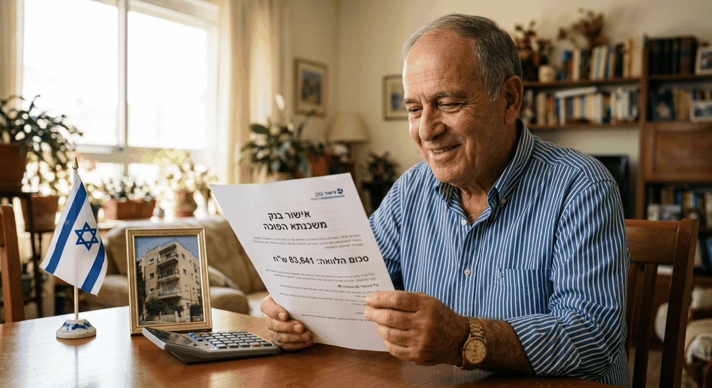 גבר פנסיונר ישראלי בעלות 65 שנה מחזיק מסמך משכנתא הפוכה עם סכום 83,641 שקל, יושב במטבח מואר בחלון טבעי, חיוך של סיפוק על פניו.