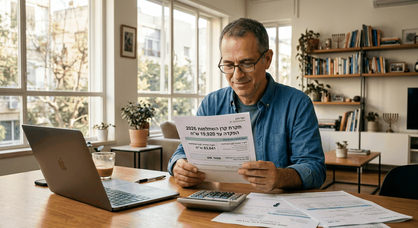 גבר ישראלי בוגר בעורך בעד שולחן, מחזיק מסמך רשמי עם תקרת קרן השתלמות 2026, האור טבעי חם עוטף את פניו