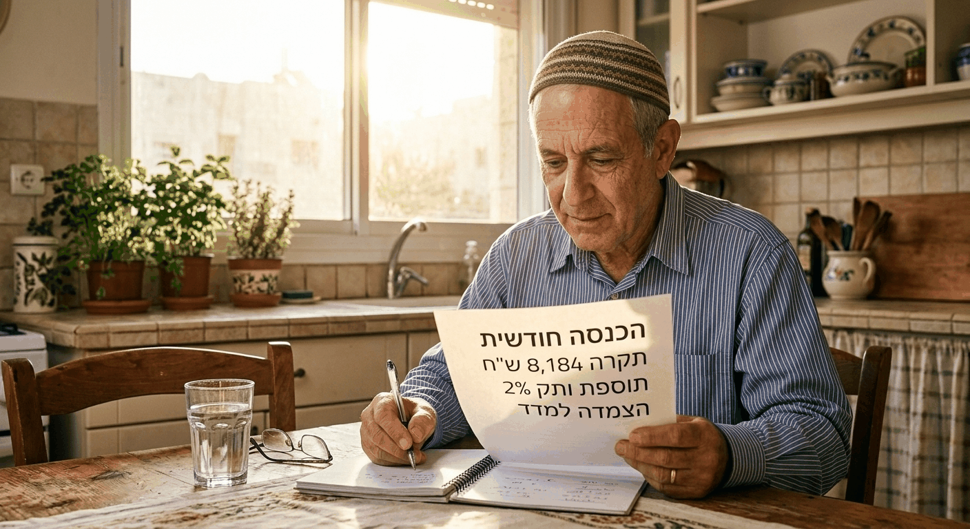 זוג פורשים ישראלים בני 67 בוחנים עם יועצת מס מסמכי קצבת אזרח ותיק, חישוב קצבה לזוג ותוספות ליד שולחן עץ במשרד מואר באור טבעי