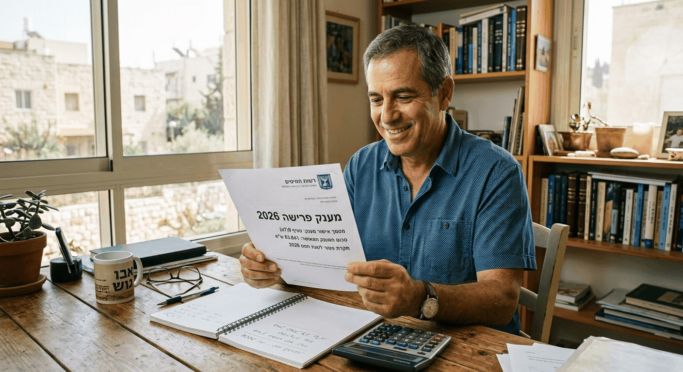 גבר ישראלי בוגר חוקר מענק פרישה 2026 עם מסמך רשמי בידיו בסך 83,641 שח