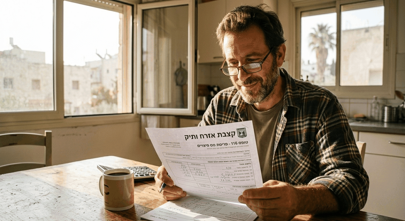 פורש בן 67 ויועצת מס מחשבים תקרת פטור מענק פרישה לפי שנות ותק, טופס 161 ונוסחאות מס 2026 ליד שולחן עץ במשרד מואר באור טבעי