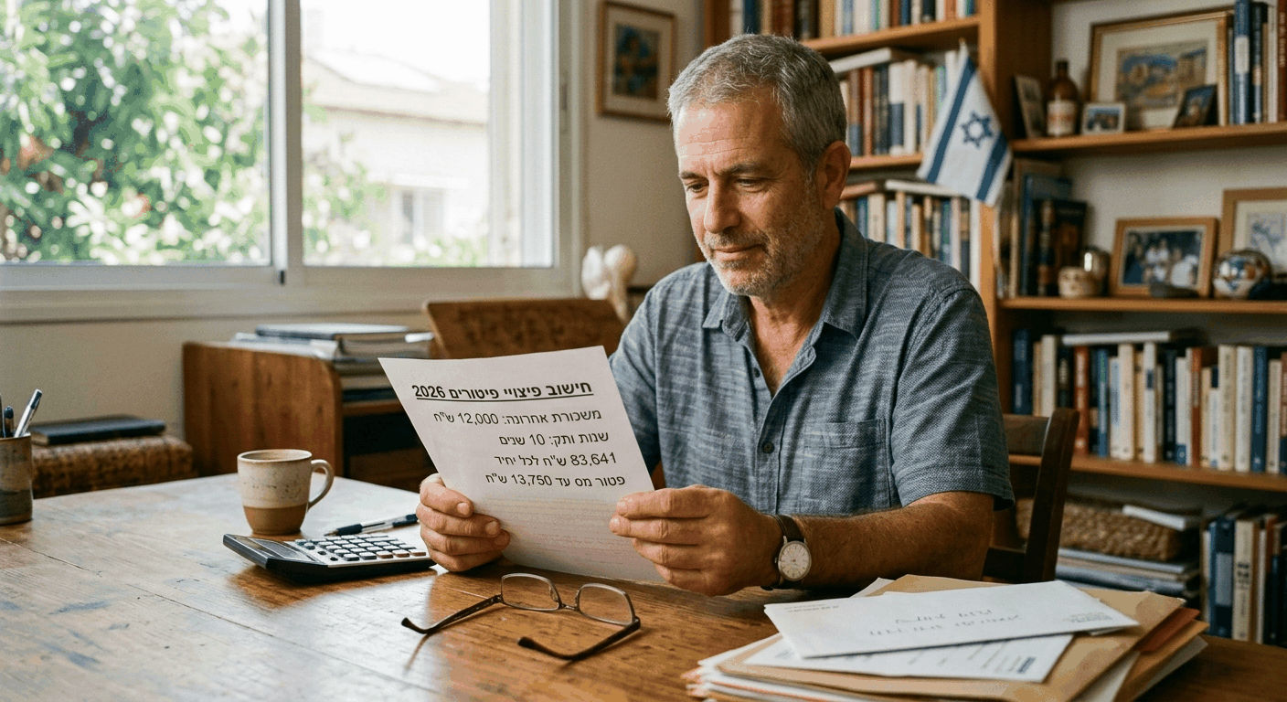 גמלאי ישראלי בוגר בן 50+ בדוקים מסמך חישוב פיצויי פיטורים 2026 בעיתונות טבעית בתוך משרדו הביתי, עם מחשבון וטפסים רשמיים על השולחן