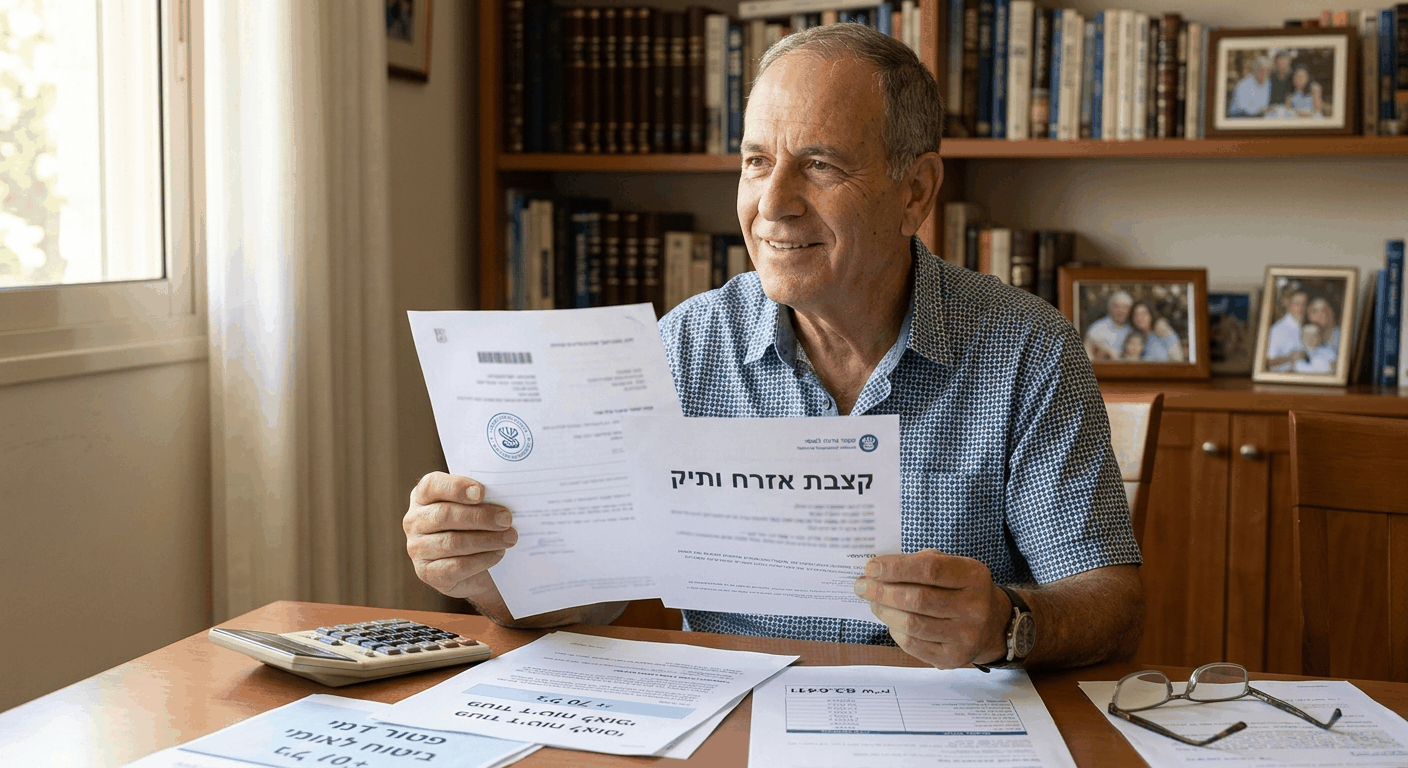 גבר ישראלי בן שבעים וחמש יושב בחדר המשרד שלו עם תעודת קצבת אזרח ותיק בידיו, המציג פטור דמי ביטוח לאומי