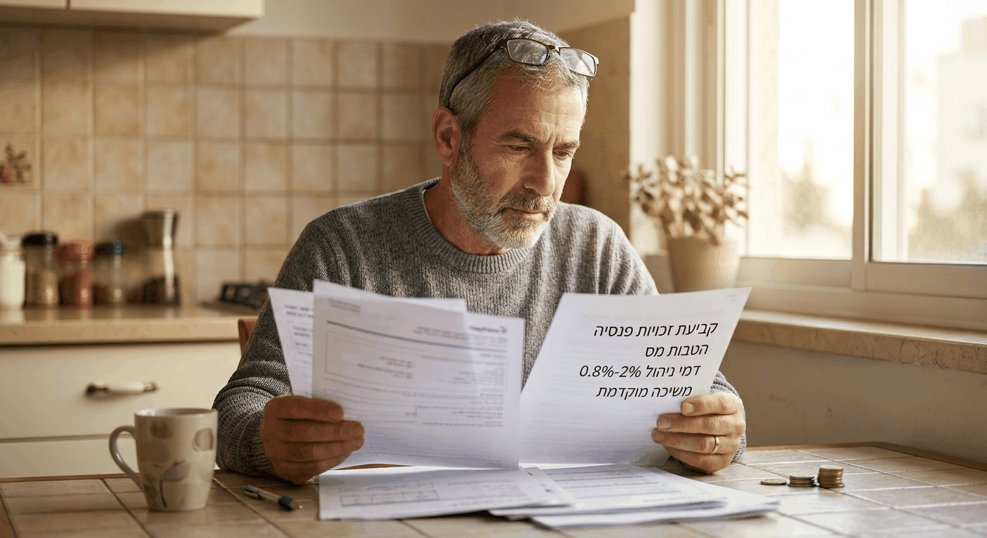 זוג ישראלי משווה בשולחן המטבח מסמכים של פוליסת חיסכון 2026 עם גרפים של תשואה ודמי ניהול ונתוני מיסוי