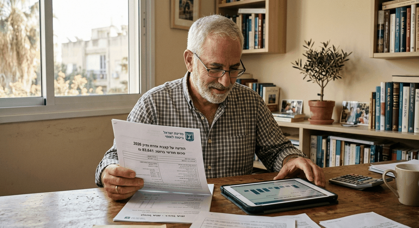 גבר בוגר ישראלי בן 60+ בוחן מסמך קצבת אזרח ותיק על כתפיים, עם אור טבעי חם וטבלט הצג השקעות.