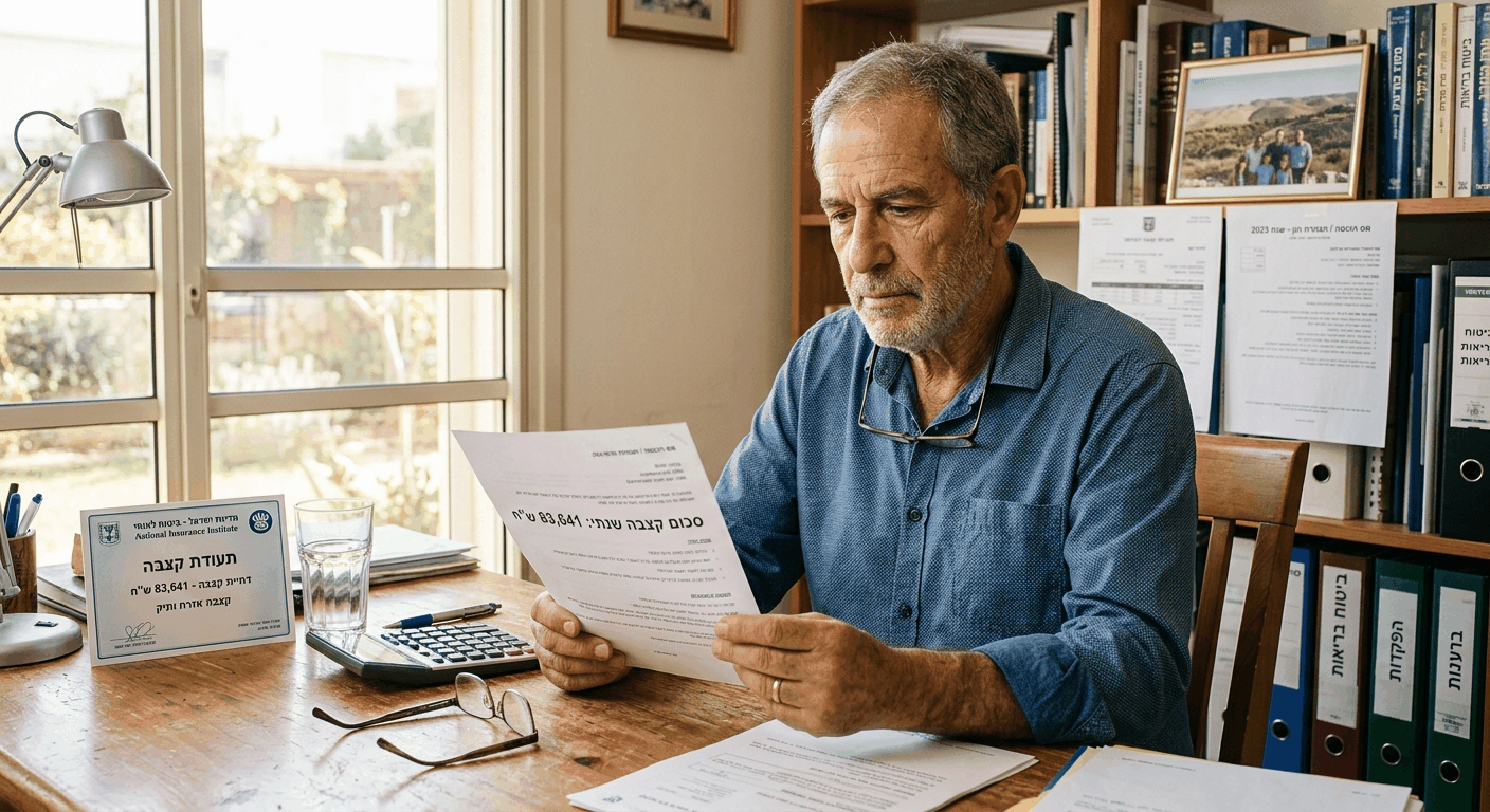 גבר ישראלי בוגר בן 60+ מעיין בתעודת קצבה אזרח ותיק עם סכום 83,641 שח בחדר עבודה מואר, המסמל תכנון פנסיוני וקבלת החלטה בדבר דחיית קצבה.