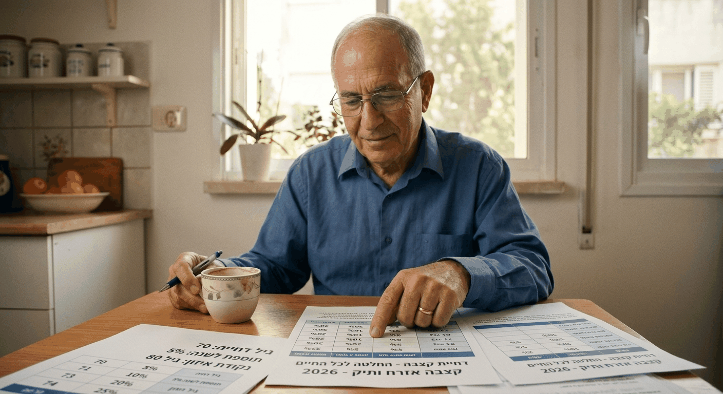 זוג פורשים ישראלים בני 67 בוחנים עם יועצת מס נתוני דחיית קצבת זקנה, חישוב נקודת איזון ותוספת עתידית ליד שולחן עץ במשרד מואר באור טבעי