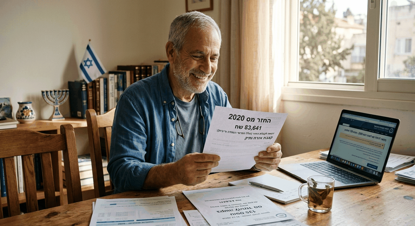 גבר ישראלי ותיק יושב בחדר העבודה, מחזיק בידו מסמך החזר מס רטרואקטיבי של 2020 בסכום של 83,641 שח, מאחוריו מחשב נייד עם אתר רשות המסים, קצבת אזרח ותיק בשנת 2026.