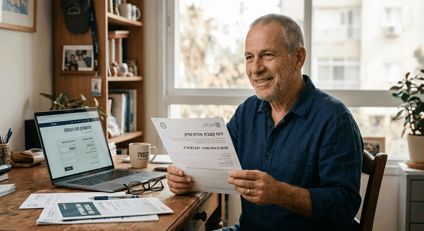 גבר בוגר ישראלי בעשרונו השישי יושב בשולחן עם מסמך של קצבת אזרח ותיק 83,641 שח, אור טבעי חם באזור הראש.