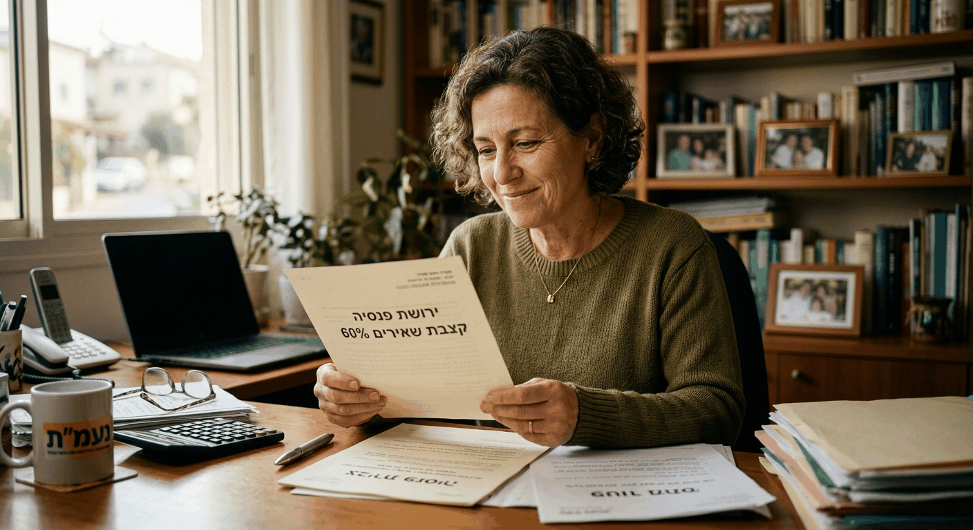 אישה ישראלית בוגרת בוחנת מסמכי ירושת פנסיה בעת השקעה בעלויות פנסיוני וקצבת שאירים.