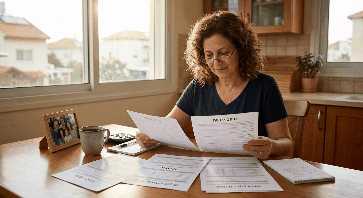 משפחה ישראלית בוחנת עם יועצת מס מסמכי ירושת פנסיה, טופס מוטבים ונתוני קצבה לשארים ליד שולחן עץ במשרד מואר באור טבעי