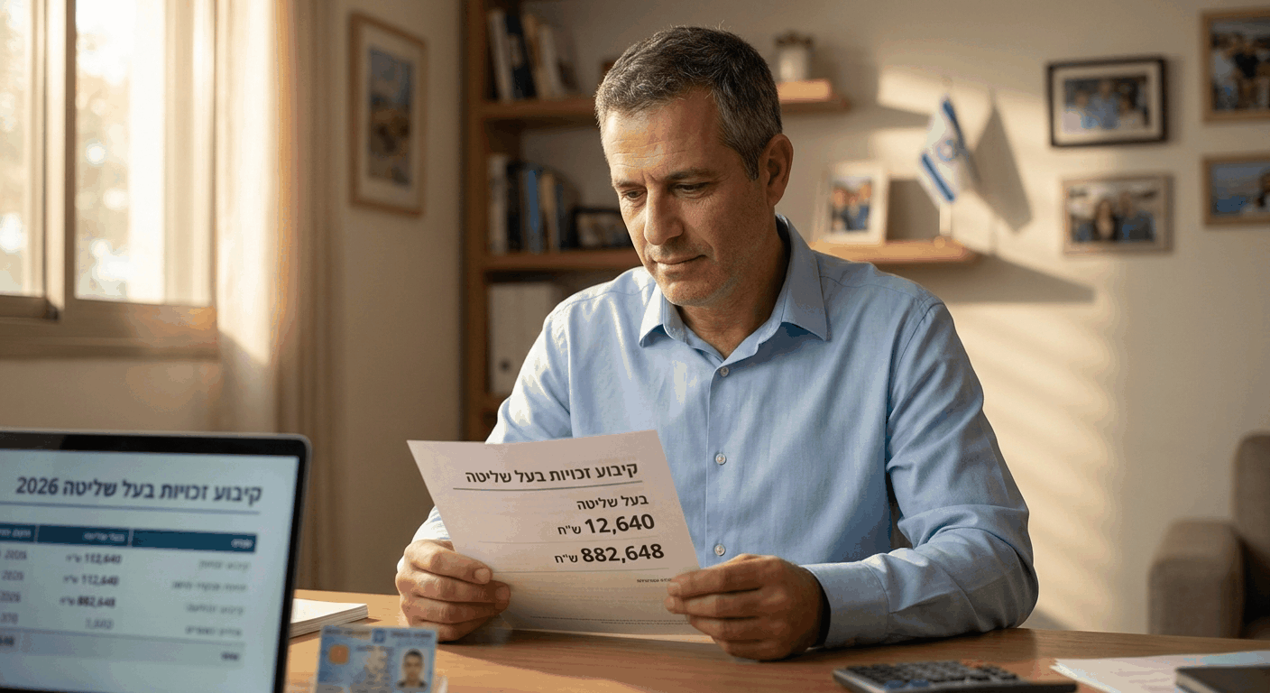 גברים ישראלי בוגר בן 45 חוקר מסמך קיבוע זכויות בעל שליטה בעיר משרדו, עם מסמך פנסיה בעברית על השולחן