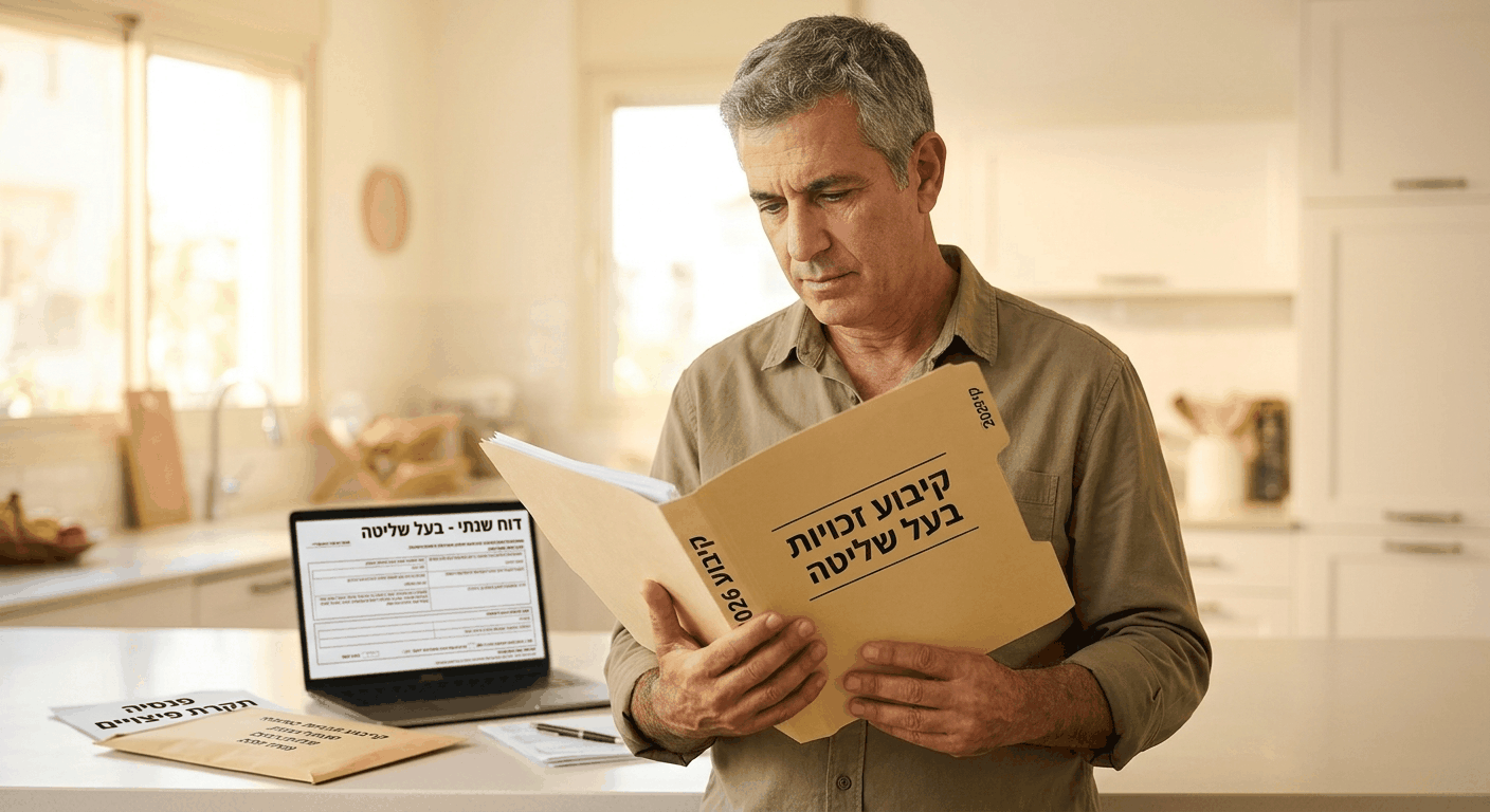 בעל חברה ויועצת מס בוחנים מסמכי קיבוע זכויות בעל שליטה, נתוני קצבה מזכה ותיקון 190 ליד שולחן עץ במשרד מואר באור טבעי