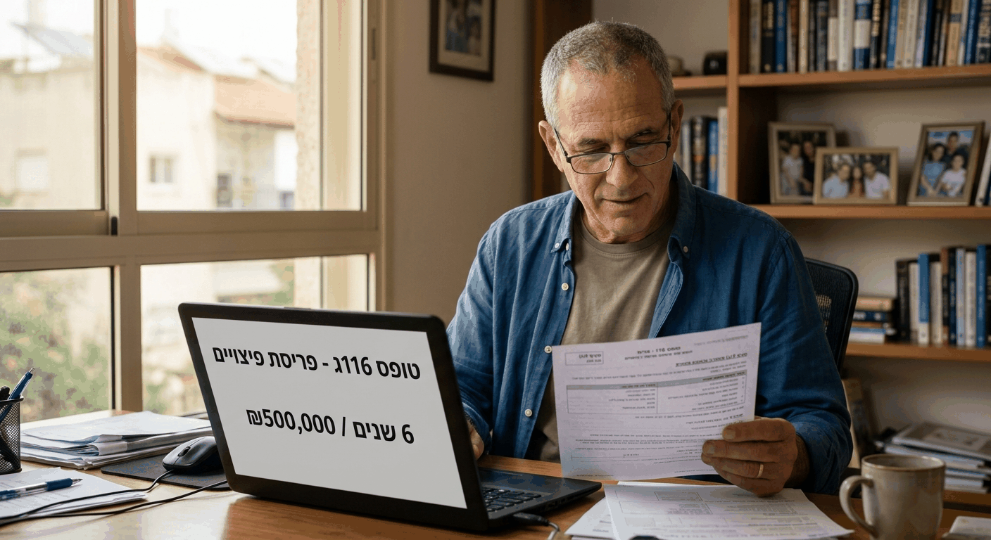 גבר ישראלי בוגר בביתו עורך טופס פריסת פיצויים, משוכנע מהחיסכון המתקבל בפריסה על פני 6 שנים