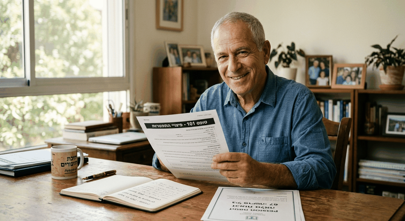 גבר ישראלי בוגר בן 67 מחזיק בטופס פיצויי התפטרות בגיל הפרישה במשרדו הביתי בעת קבלת ההחלטה על הזכאות המלאה בסעיף 11